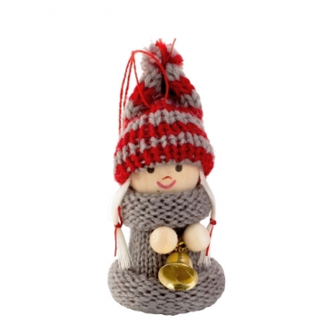 Kleines Holz Winter Mädchen mit Strick zum Aufhängen in Grau, 60 mm