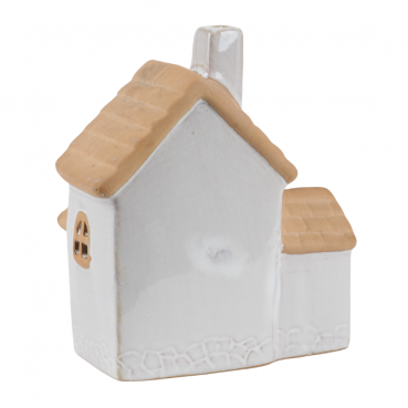 Keramik Haus mit Windfang, LED Beleuchtung, 14 cm, Rückseite.