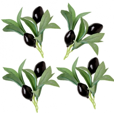 4 Kleine Deko Olivenzweige mit 2 Früchten, 10 cm
