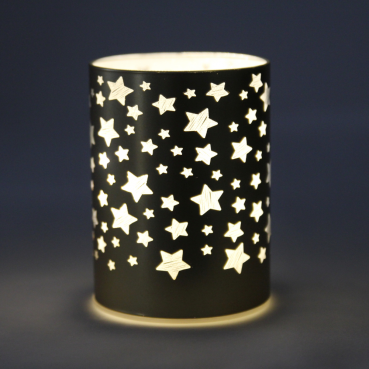 Deko LED-Licht Zylinder, Sternenzauber in Gold, 9 x 12,5 cm Deko LED-Licht Zylinder, Sternenzauber in Gold, 12,5 cm im Dunkeln, Beleuchtung an.