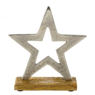 Metall Stern in Silber mit Holz Sockel, 17 cm