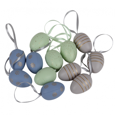 12 kleine Ostereier gemustert zum Aufhängen, Blau/Grün Mix, 40 mm