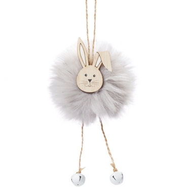 Osterhase zum Aufhängen mit flauschigem Kunstfell in Hellgrau, 16 cm