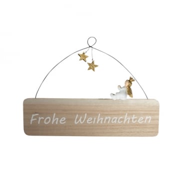 Holz Dekoschild -Frohe Weihnachten- mit Sternen & Engel, zum Aufhängen, 25 cm