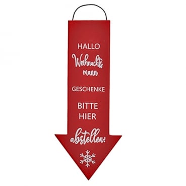 Holz Dekoschild Weihnachten, Pfeil -Geschenke hier abstellen- in Rot/Weiß, 30 cm