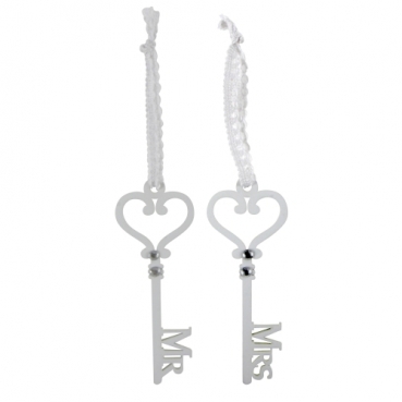 2 Holz Schlüssel Hochzeit, Mr & Mrs mit Spitzenschlaufe, 12 cm
