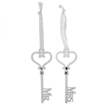 2 Holz Schlüssel Hochzeit, Mr & Mrs mit Spitzenschlaufe, 12 cm