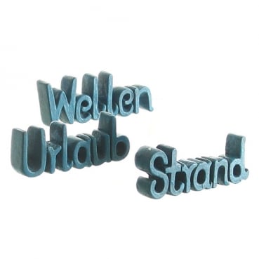 3er Set Mini Schriftzüge -Urlaub, Wellen, Strand- in Blau, 60 mm, für Geldgeschenke