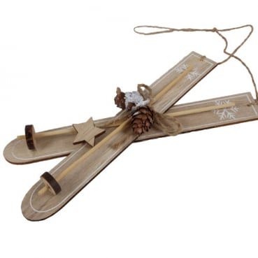 Holz Christbaumschmuck, Ski mit Zapfen & Stern in Hellbraun, 20 cm.