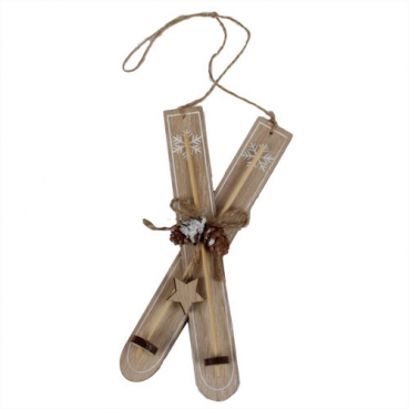Holz Christbaumschmuck, Ski mit Zapfen & Stern in Hellbraun, 20 cm