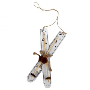 Holz Christbaumschmuck, Ski mit Stern & Glöckchen in Weiß, 20 cm