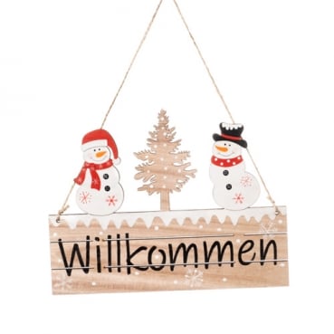 Holz Dekoschild, Türschild Schneemann -Willkommen- zum Aufhängen, 22 cm