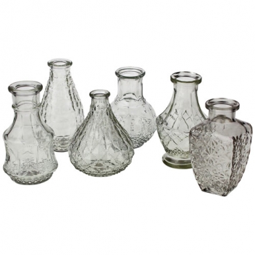 6 tlg. Vintage Glas Vasen Set in Klar, 12 - 14 cm