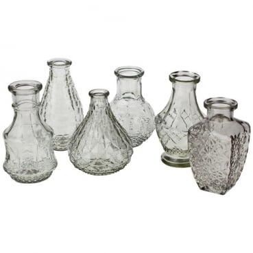 6 tlg. Vintage Glas Vasen Set in Klar, 12 - 14 cm