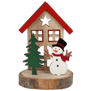 Kleine Holz Weihnachtsmotiv Baumscheibe mit Schneemann, 11 cm