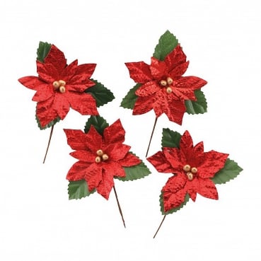4 kleine Weihnachtssterne am Draht, in Rot/Grün glänzend, 80 mm