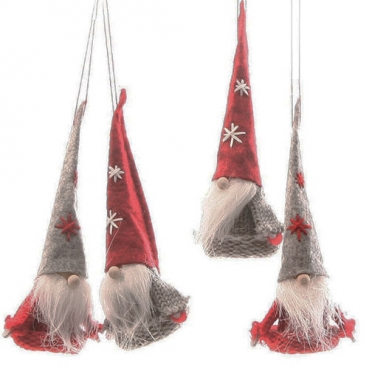 4 Holz Wichtel mit Strickpulli & Filzmütze zum Aufhängen in Grau/Rot, 12 cm