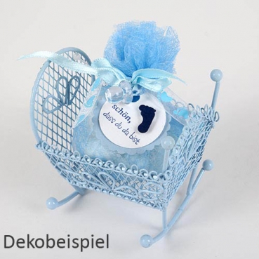 Metall Baby Wiege, Bonboniere, Taufe, in Hellblau, 90 mm, für Geldgeschenke Dekobeispiel Metall Baby Wiege, Bonboniere in Hellblau.