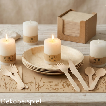 Nachhaltiges Einweggeschirr aus Holz und Palmblatt mit Olivenwachskerzen auf einem naturbelassenen Tischset mit Gräser-Motiv.