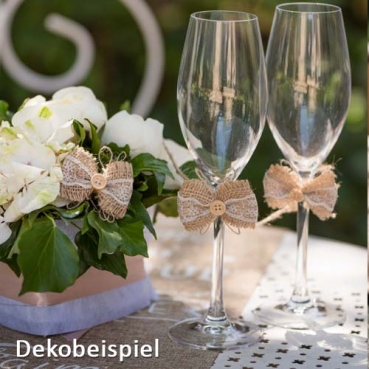 6 Jute Schleifen mit Schnur zum Befestigen, 60 mm Dekobeispiel Jute Schleifen mit Schnur zum Befestigen, 60 mm.