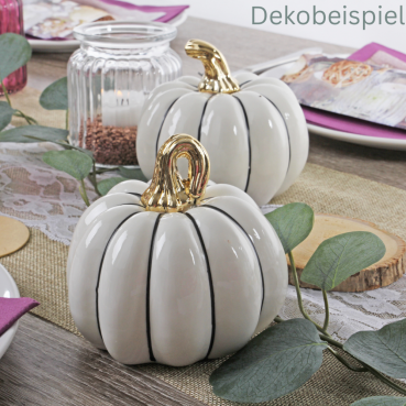 Dekobeispiel mit dem Keramik Kürbis in Weiß/Gold, Nr. 1, 11 cm.