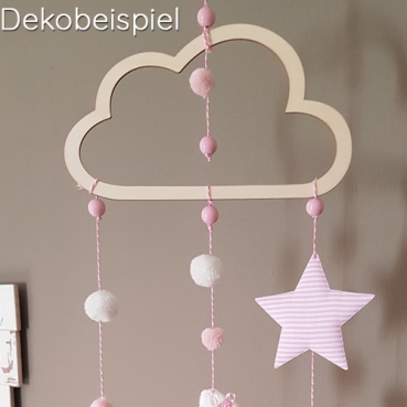 6 Kleine Pompons in Mintblau, 30 mm, als Streudeko oder zum Basteln Dekobeispiel für selbst gebasteltes Mobile Wölkchen in Rosa.