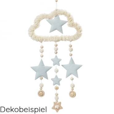 4 Holz Perlen in Hellbraun matt, 25 mm, zum Basteln Dekobeispiel Mobile Wolke Sterne blau.