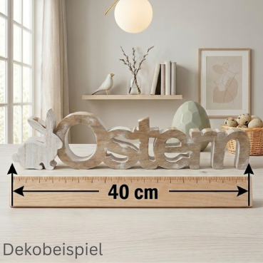 Mangoholz Schriftzug -Ostern- mit Hase, in Hellbraun/Weiß, 40 cm.