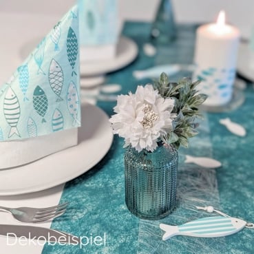 Dekobeispiel Tischdeko Blumenvase Fische Petrol-Mint