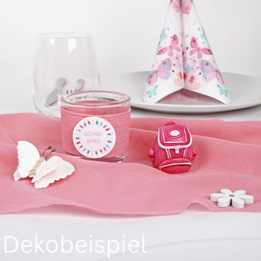 Dekobeispiel für das Tischdeko Paket Einschulung, Schulanfang, Schuleinführung Nahaufnahme Teelichtglas