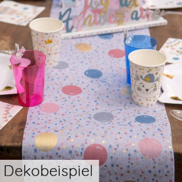 3 Meter Vlies Tischläufer, Kindergeburtstag, Luftballons, Sterne, 30 cm Dekobeispiel für Tischdeko Kindergeburstag Katzenparty.
