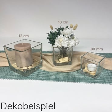 Vierkant Kerzenglas klein, klar, 80 mm Dekobeispiel für Vierkant Kerzengläser in 3 Größen.