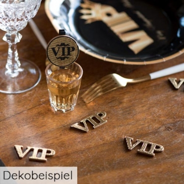 10 Holz Streudeko Schriftzüge -VIP- in Gold, 50 mm Dekobeispiel Tischdeko VIP in Schwarz/Gold.