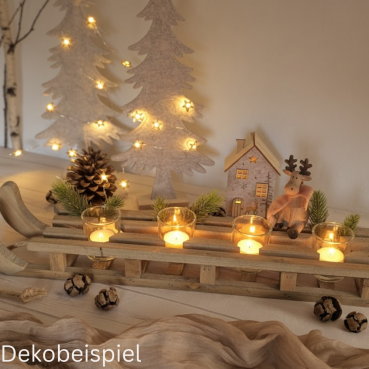 Dekobeispiel mit dem großen Deko Holz Schlitten mit 4 Teelichtgläsern, Adventsgestell, 58 cm.