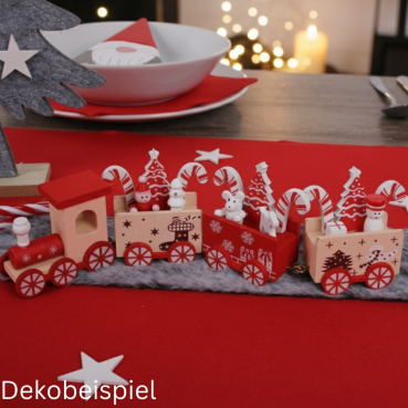 Weihnachtliches Dekobeispiel in Rot/Grau mit der Holz Lokomotive in Braun, 24 cm.
