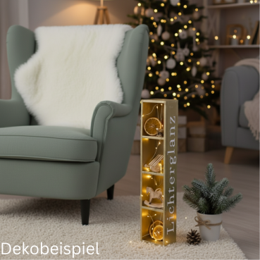 Dekobeispiel für die Holz Adventskiste, Adventskranz, Shabby Stil, -Lichterglanz- in Gold/Weiß, 50 cm.