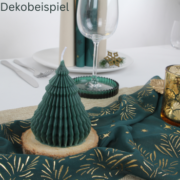 Dekobeispiel mit dem Tischläufer hauchdünn, Weihnachten, Zweige in Tannengrün/Gold, 27 cm.