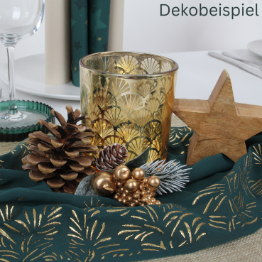 Weihnachtliches Dekobeispiel in Tannengrün/Gold mit dem großen Teelichtglas, Windlicht Art Déco in Gold verspiegelt, 10 cm.