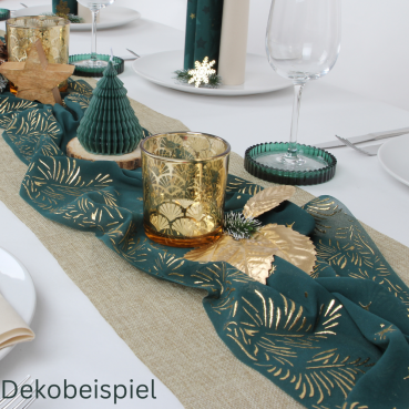 Weihnachtliche Dekobeispiel in Tannengrün/Gold mit dem Teelichtglas, Windlicht Art Déco in Gold verspiegelt, 80 mm und 10 cm.