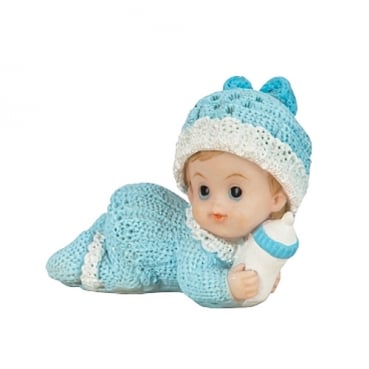 Dekofigur Baby Junge mit Fläschchen in Hellblau, 60 mm