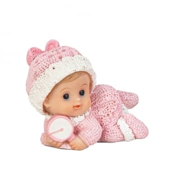 Dekofigur Baby Mädchen mit Rassel in Rosa, 60 mm
