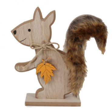 Holz Eichhörnchen mit flauschigem Kunstfell, Ahornblatt in Gelb, 19 cm