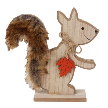 Holz Eichhörnchen mit flauschigem Kunstfell, Ahornblatt in Rot, 19 cm
