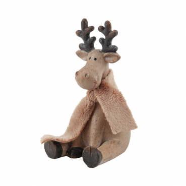 Niedlicher kleiner Deko Elch mit Plüschschal in Braun, 11 cm, Seitenansicht.