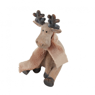 Niedlicher kleiner Deko Elch mit Plüschschal in Braun, 11 cm, Ansicht schräg von oben.