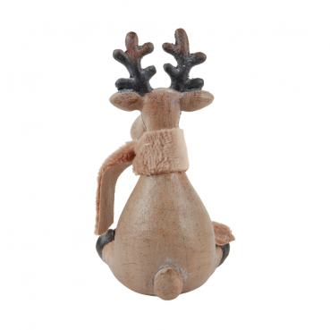 Niedlicher kleiner Deko Elch mit Plüschschal in Braun, 11 cm, Rückansicht.