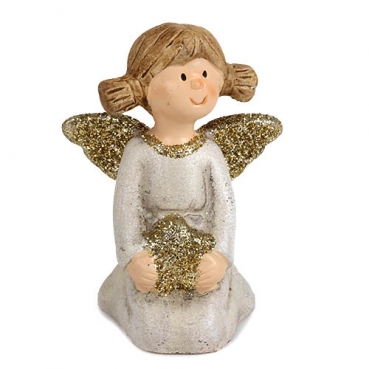 Keramik Engel kniend mit Flügeln und Stern in Gold glitzernd, 10 cm