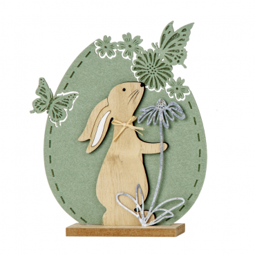 Filz Osterei mit Holz Hase Ohren unten & Metall Blume, in Pisatchio Green, 22,5 cm