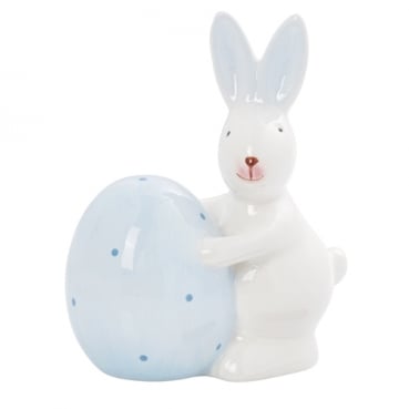 Keramik Hase mit Osterei in Pastellblau/Weiß, 95 mm