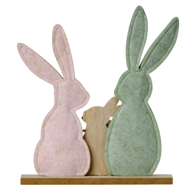 Niedliche Hasenfamilie aus Filz & Holz in Pastellfarben, 23,5 cm, Rückseite.